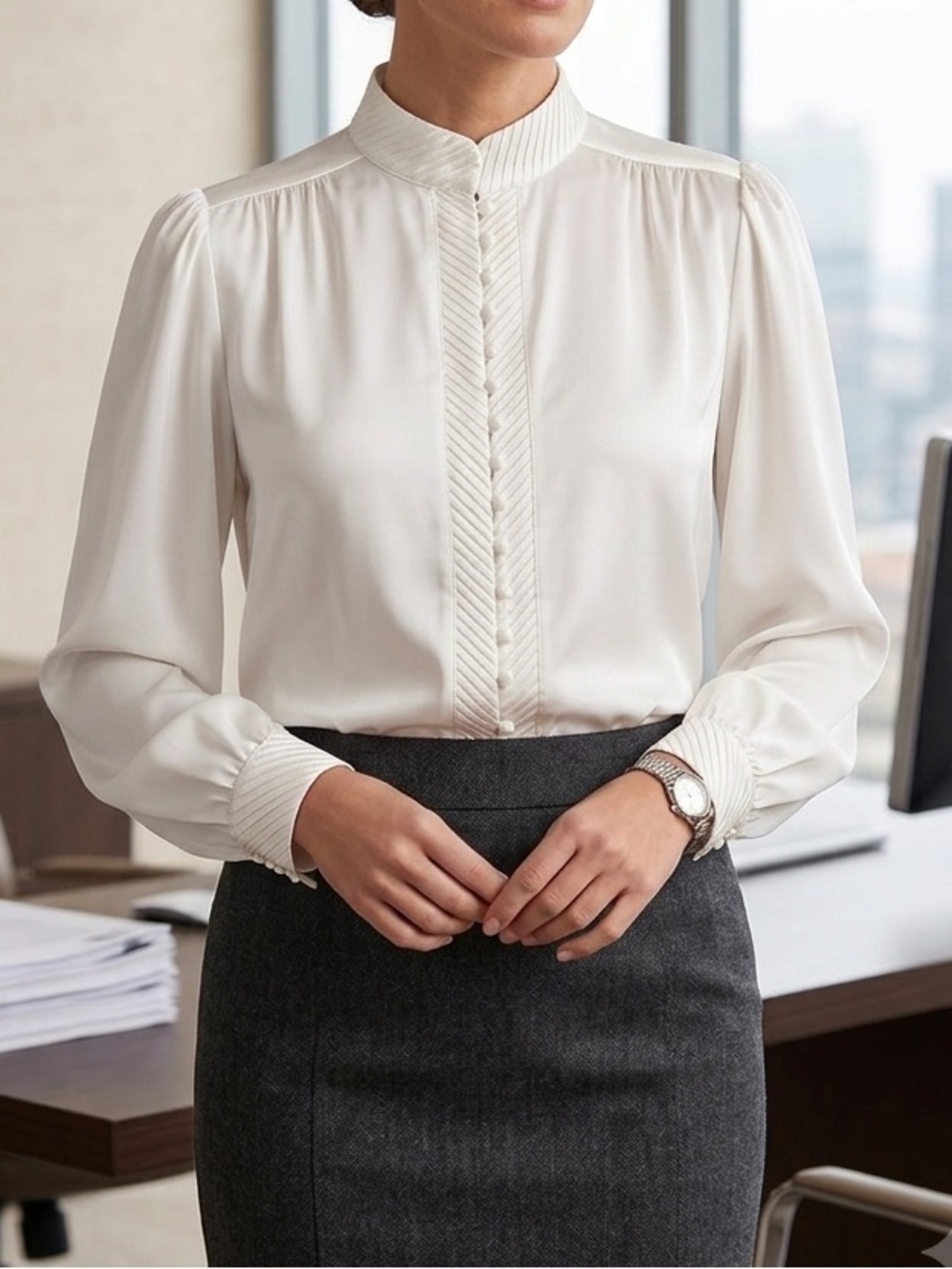 Vintage Ivory Secretary Blouse Puff Sleeve Pleated Mock Neck Size 16 VTG